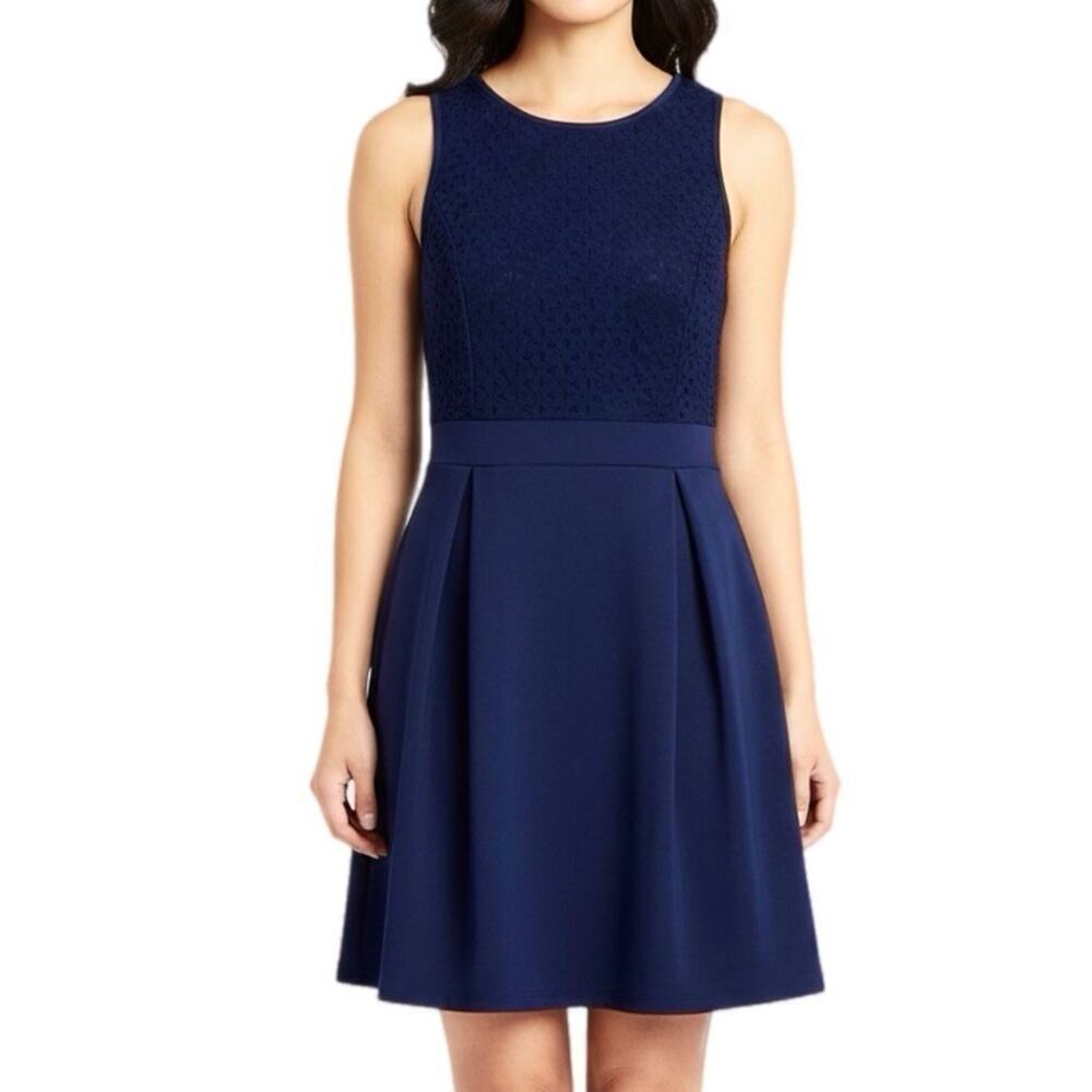 Dina Be Women's Fit & Flare Dress Size M Navy Blue Sleeveless Ponte Mini Pleated